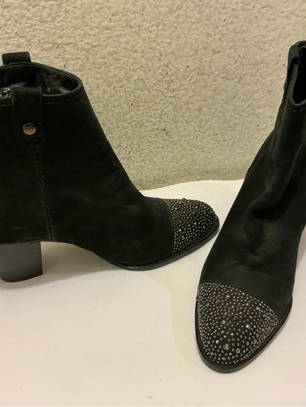 Stuart Weitzman Black Ankle Boots with Embellished Toe Cap